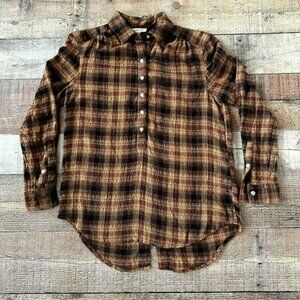 Beachlunchlounge brown plaid button front long sleeve top women's size xs
